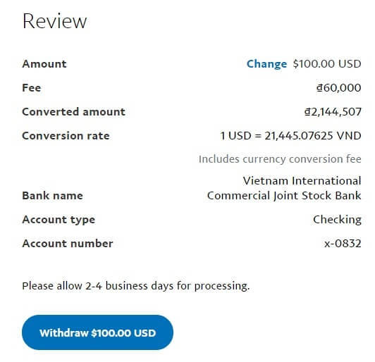 Tỷ giá Paypal 21.445 vs Tỷ giá VCB: 22.295 (Thiệt 4%)