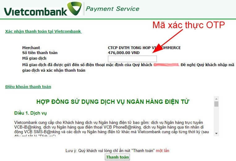 Bước nhập mã xác thực OTP khi thanh toán online