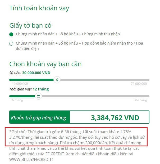 Bảng tính khoản vay ở FECredit