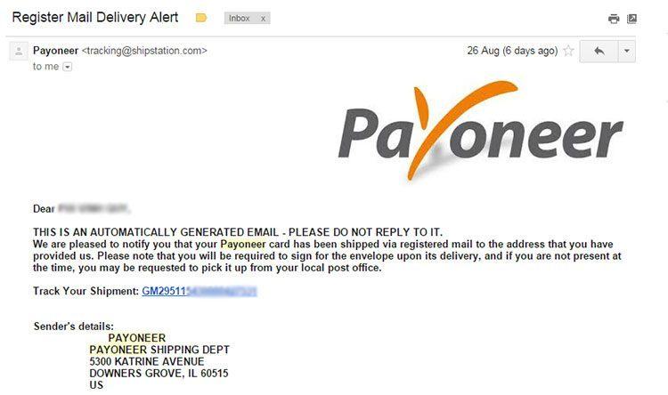 Payoneer gửi mail và Tracking sau khi gửi thẻ