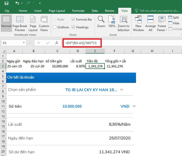 Cách tính lãi suất tiết kiệm nhận lãi cuối kỳ trên Excel