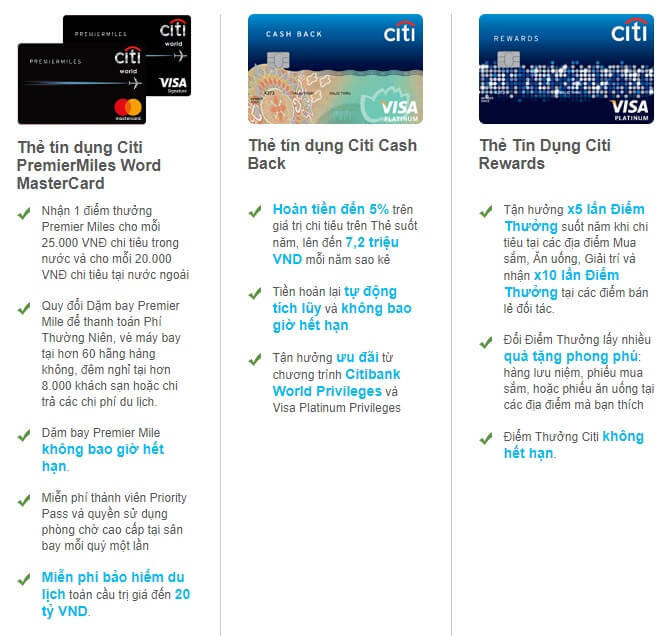 Quyền lợi các dòng thẻ tín dụng Citibank