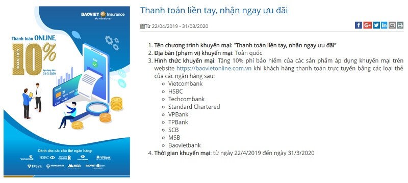 Hoàn phí bảo hiểm Bảo Việt 10% khi thanh toán online