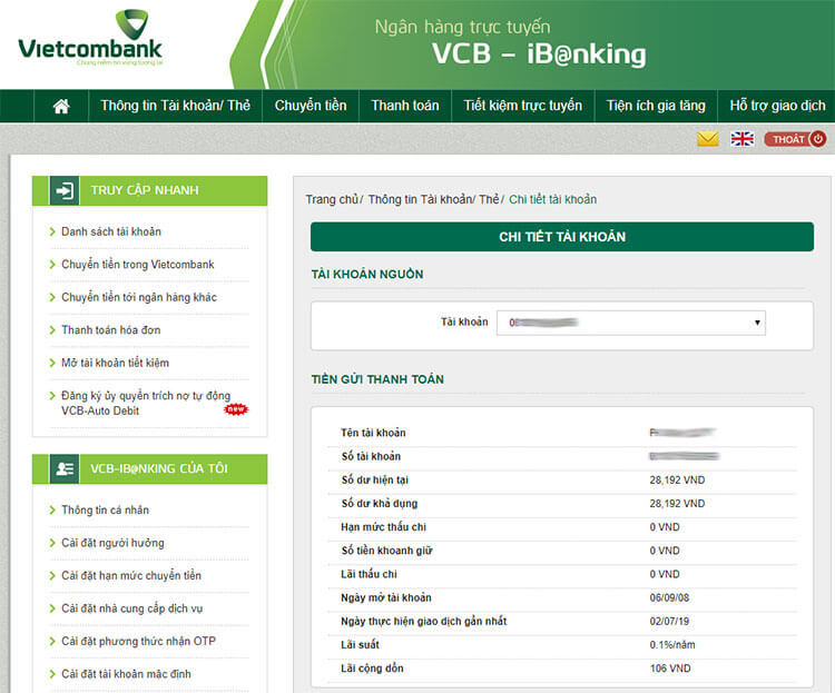 Cách kiểm tra tiền trong thẻ ATM qua internet banking của Vietcombank