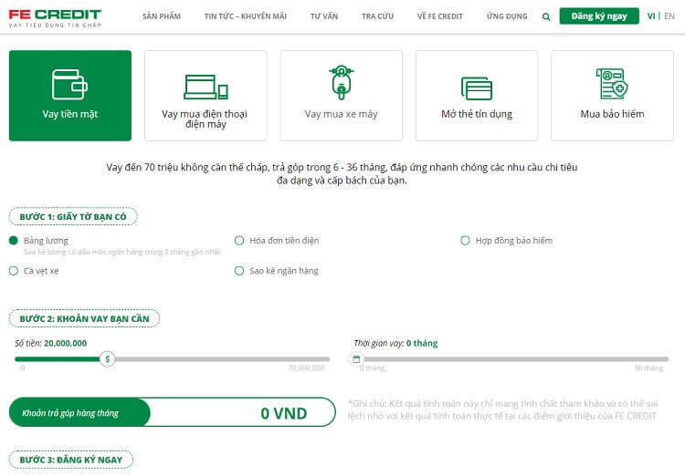 Quy trình vay tiền mặt FECredit