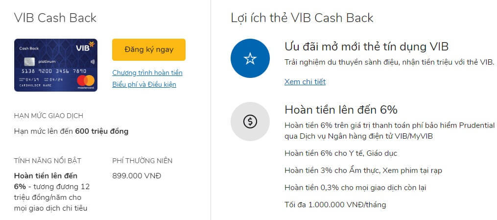 Thẻ tín dụng hoàn tiền VIB Cashback có mức hoàn tiền rất tốt