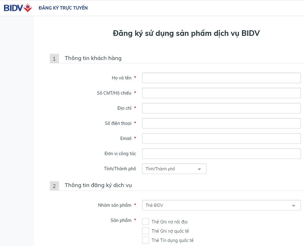 Đăng ký làm thẻ ngân hàng online BIDV
