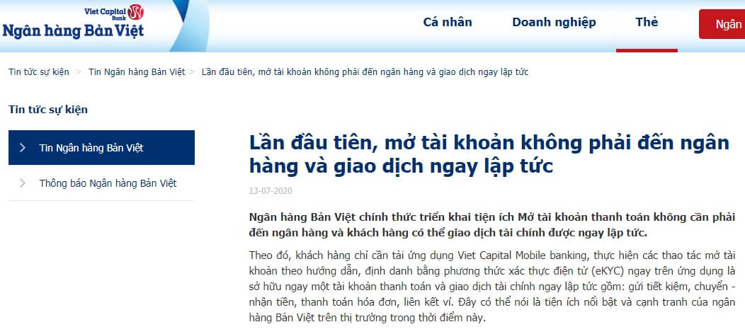 Ngân hàng Bản Việt hỗ trợ mở tài khoản trực tuyến dễ dàng