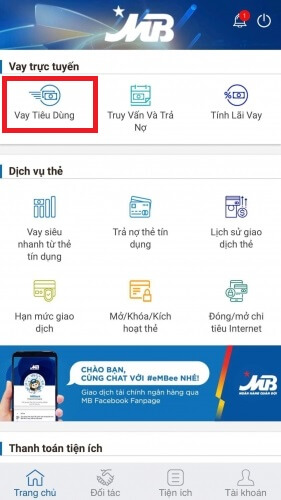 Tính năng vay tiêu dùng đơn giản trên app MBBank