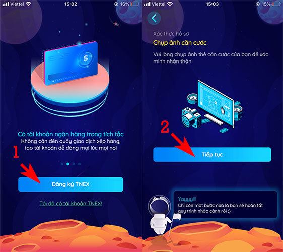 Mở ứng dụng TNEX lên và tiến hành đăng ký tài khoản