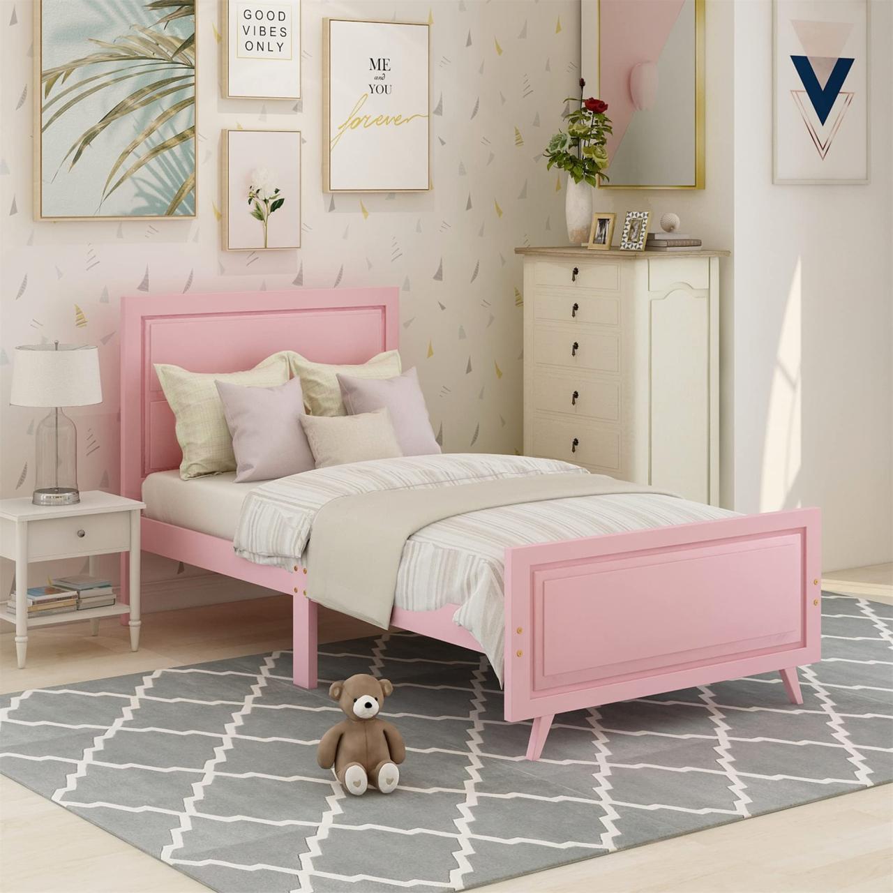 Amazon.Com: Harper & Bright Designs Twin Size Bed Frame With Headboard And  Footboard, Wood Platform Bed Twin Bed With Wood Slat Support For  Kids,Toddler, Teens (Twin, Pink) : Home & Kitchen